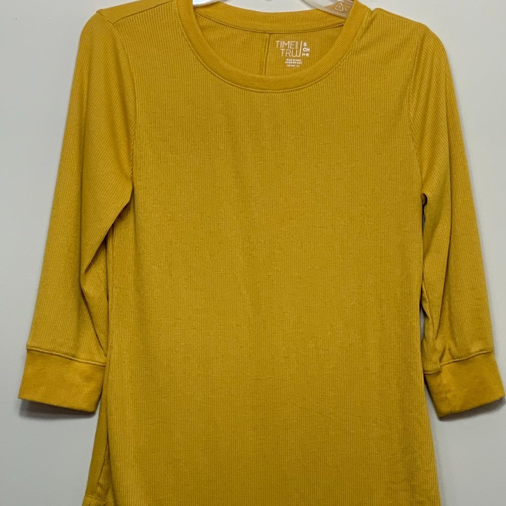 Time & True Ribbed 3/4 Sleeve Mustard Top Size Small 4-6